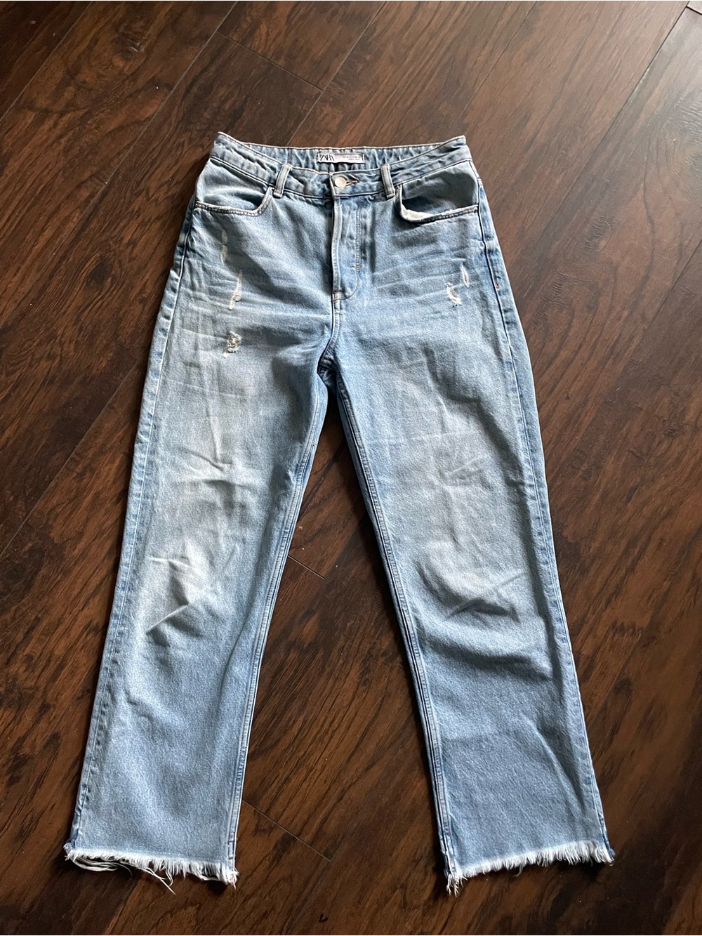 Zara Light Blue Straight Jeans with Raw Hem